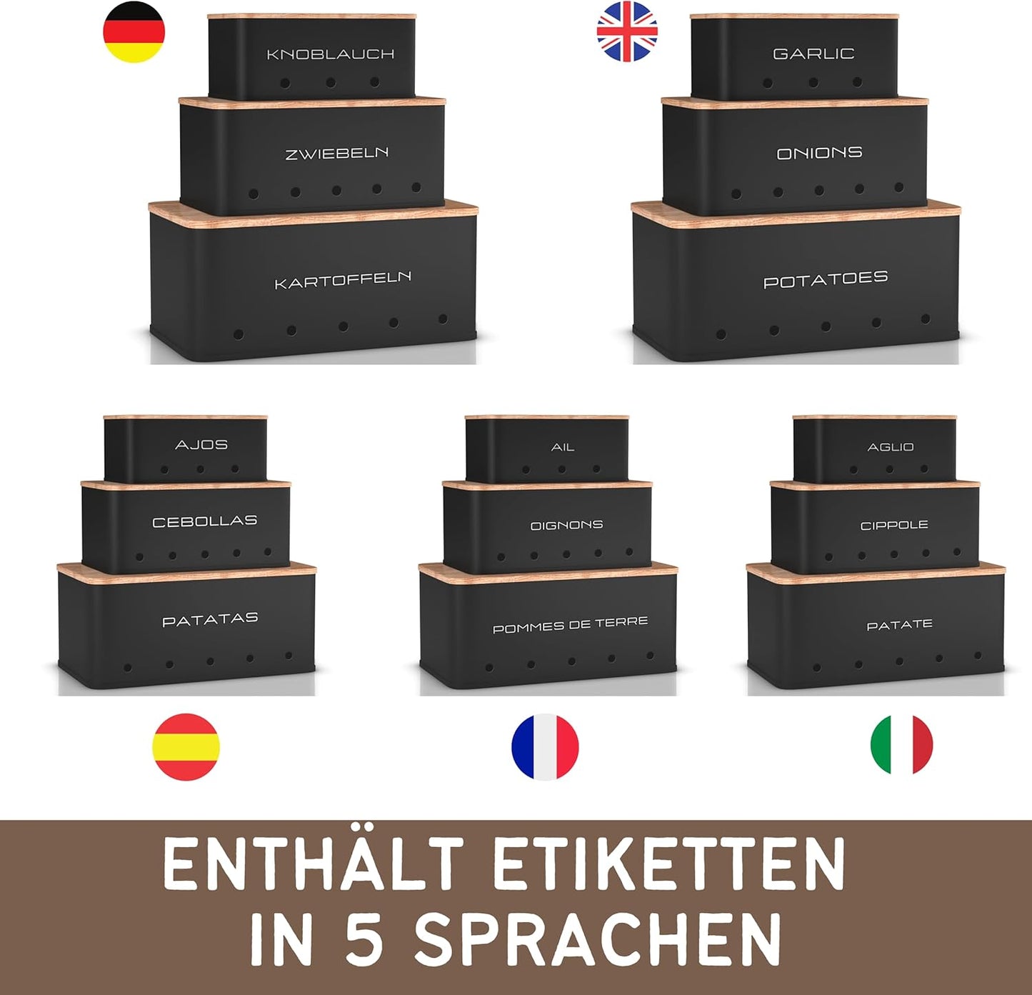KOOK TIME Kartoffel Aufbewahrungsbox - Set 3 Aufbewahrung Kartoffeln Zwiebeln Knoblauch - Gemüse Aufbewahrung Mit Kleinen Lüftungslöcherne, Um Die Luftzirkulation Zu Gewährleisten - Mattschwarz