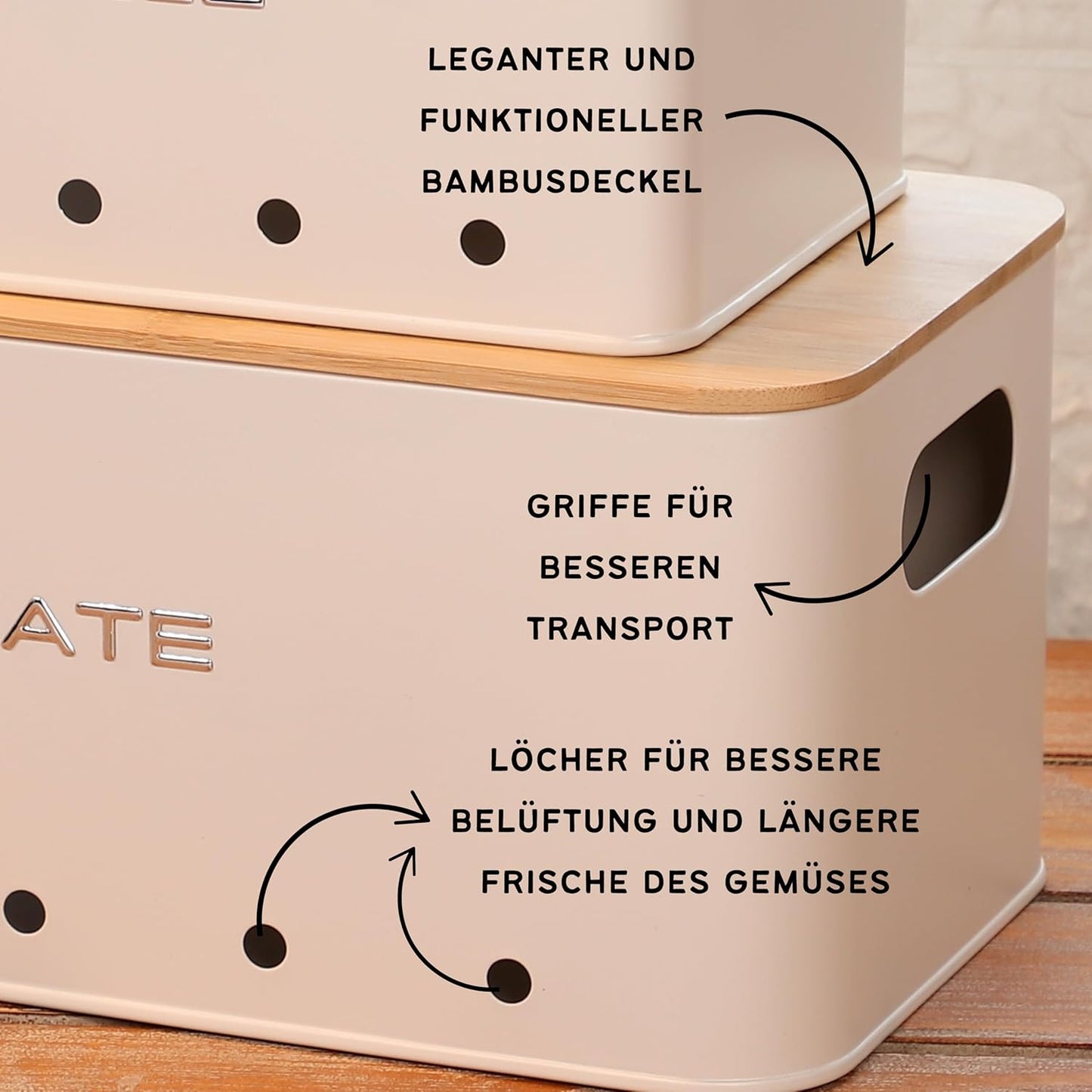 KOOK TIME Kartoffel Aufbewahrungsbox - Set 3 Aufbewahrung Kartoffeln Zwiebeln Knoblauch - Gemüse Aufbewahrung Mit Kleinen Lüftungslöcherne, Um Die Luftzirkulation Zu Gewährleisten - Mattweiß