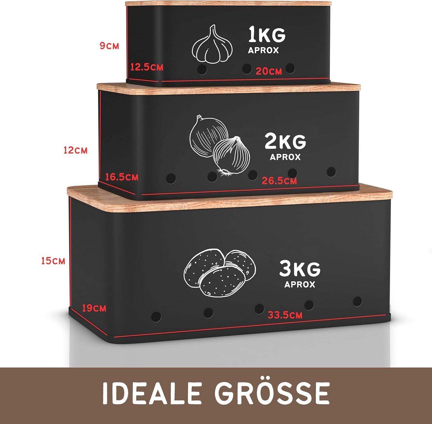 KOOK TIME Kartoffel Aufbewahrungsbox - Set 3 Aufbewahrung Kartoffeln Zwiebeln Knoblauch - Gemüse Aufbewahrung Mit Kleinen Lüftungslöcherne, Um Die Luftzirkulation Zu Gewährleisten - Mattschwarz