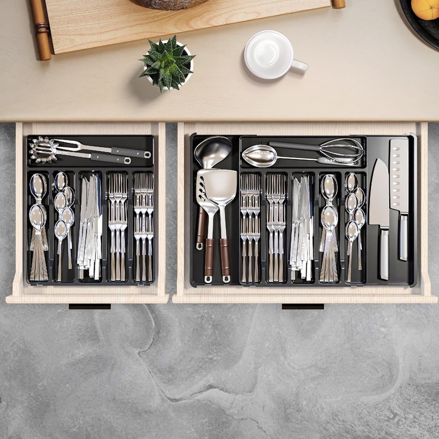 Besteckkasten Für Schubladen, Besteckeinsatz Für Schubladen, Cutlery Organizer, Verstellbarer Besteck Organizer Schublade, Breite Von 30 Auf 53 Cm, Küchenorganizer Für Löffel Und Gabeln