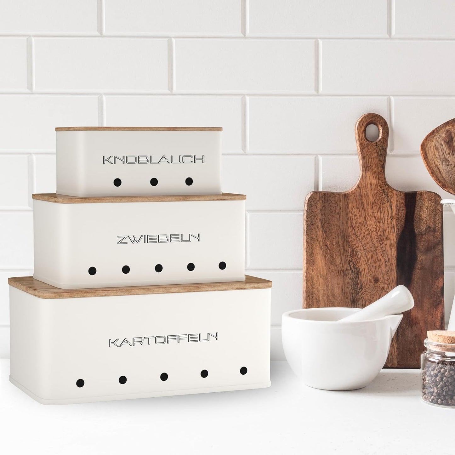 KOOK TIME Kartoffel Aufbewahrungsbox - Set 3 Aufbewahrung Kartoffeln Zwiebeln Knoblauch - Gemüse Aufbewahrung Mit Kleinen Lüftungslöcherne, Um Die Luftzirkulation Zu Gewährleisten - Mattweiß