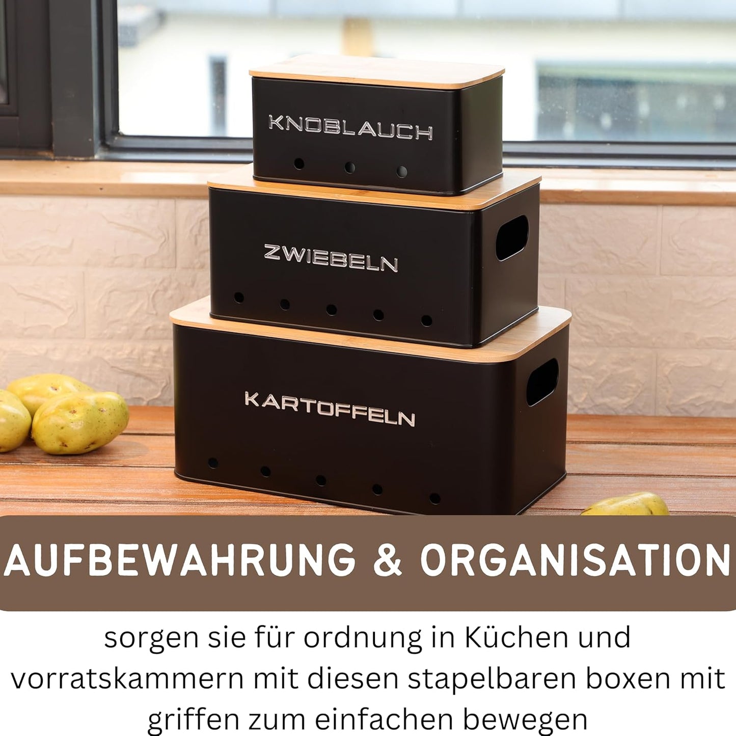 KOOK TIME Kartoffel Aufbewahrungsbox - Set 3 Aufbewahrung Kartoffeln Zwiebeln Knoblauch - Gemüse Aufbewahrung Mit Kleinen Lüftungslöcherne, Um Die Luftzirkulation Zu Gewährleisten - Mattschwarz