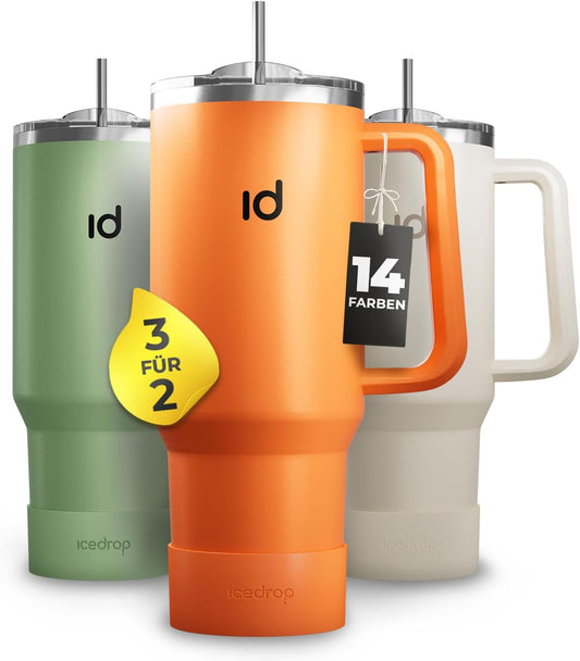 Icedrop® XXL Thermo Cup 1.2L Für 12 Stunden Kalte Oder Heiße Getränke I 100% Auslaufsicherer Thermobecher Mit Strohhalm I Robuste Trinkflasche Mit Strohhalm Und Griff I Tumbler Cup - Orange