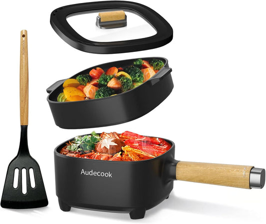 Audecook Elektrischer Hot Pot Mit Dampfgarer, 2L/20Cm Antihaft Elektropfanne Mit Keramikglasur, Tragbarer Multikocher Für Ramen, Steak, Ei, Haferflocken, Suppe, 350W/800W (D(SCHWARZ,MIT DAMPFGARER))