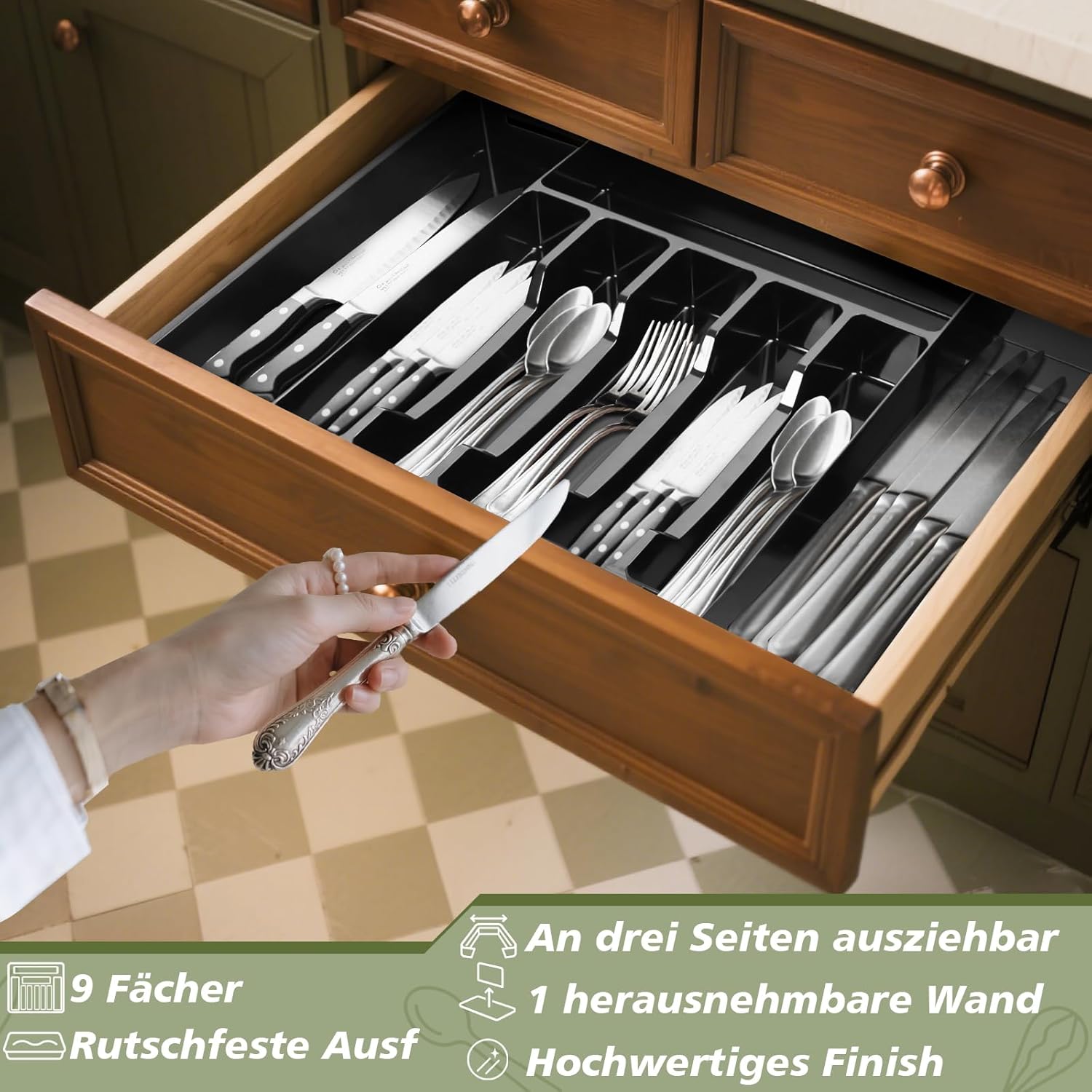 Besteckkasten Für Schubladen, Besteckeinsatz Für Schubladen, Cutlery Organizer, Verstellbarer Besteck Organizer Schublade, Breite Von 30 Auf 53 Cm, Küchenorganizer Für Löffel Und Gabeln
