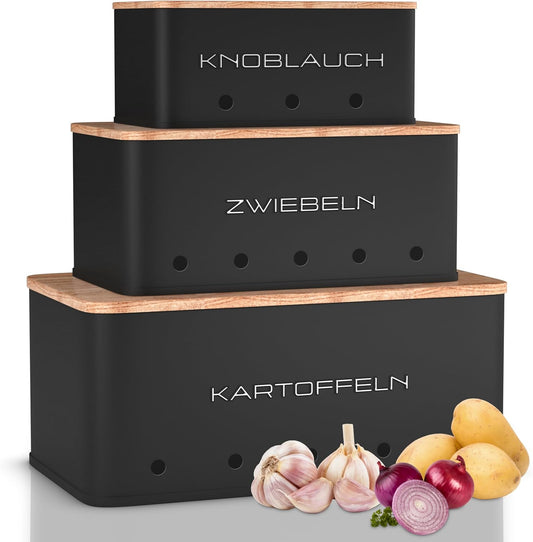 KOOK TIME Kartoffel Aufbewahrungsbox - Set 3 Aufbewahrung Kartoffeln Zwiebeln Knoblauch - Gemüse Aufbewahrung Mit Kleinen Lüftungslöcherne, Um Die Luftzirkulation Zu Gewährleisten - Mattschwarz