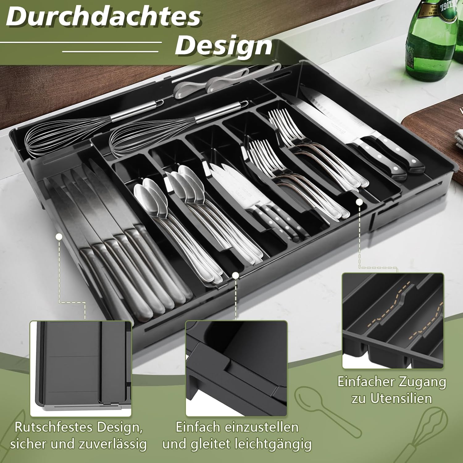 Besteckkasten Für Schubladen, Besteckeinsatz Für Schubladen, Cutlery Organizer, Verstellbarer Besteck Organizer Schublade, Breite Von 30 Auf 53 Cm, Küchenorganizer Für Löffel Und Gabeln
