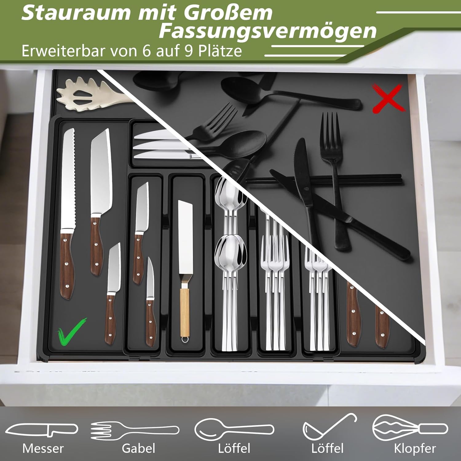 Besteckkasten Für Schubladen, Besteckeinsatz Für Schubladen, Cutlery Organizer, Verstellbarer Besteck Organizer Schublade, Breite Von 30 Auf 53 Cm, Küchenorganizer Für Löffel Und Gabeln