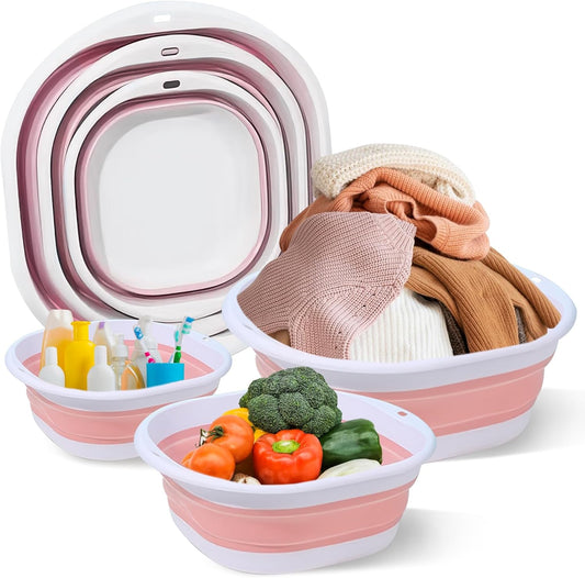 3Er-Pack Faltbares Waschbecken, Tragbares Klappbecken-Set (Groß, Mittel, Klein), Platzsparende Kunststoffspüle Für Baby, Geschirr, Wäsche, Camping, Reisen & Heimgebrauch (Rosa)