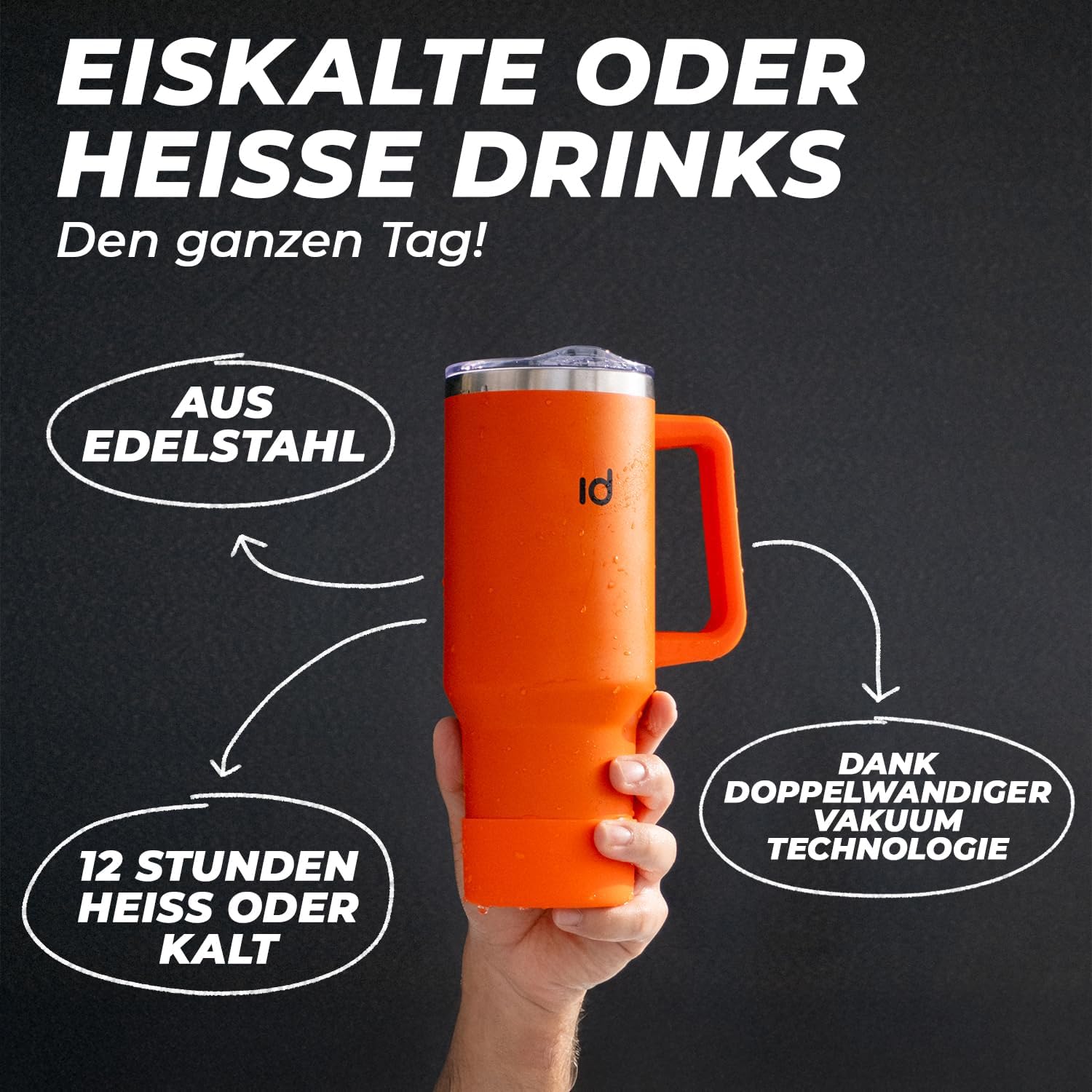 Icedrop® XXL Thermo Cup 1.2L Für 12 Stunden Kalte Oder Heiße Getränke I 100% Auslaufsicherer Thermobecher Mit Strohhalm I Robuste Trinkflasche Mit Strohhalm Und Griff I Tumbler Cup - Stein Schwarz