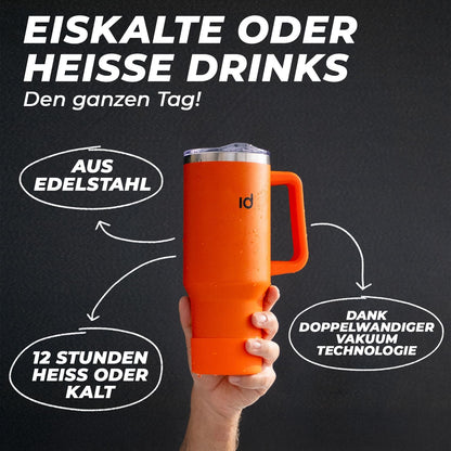 Icedrop® XXL Thermo Cup 1.2L Für 12 Stunden Kalte Oder Heiße Getränke I 100% Auslaufsicherer Thermobecher Mit Strohhalm I Robuste Trinkflasche Mit Strohhalm Und Griff I Tumbler Cup - Stein Schwarz