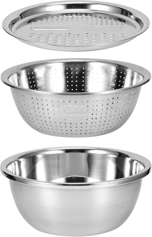 3 in 1 Küchensieb Sieb Edelstahl Nudelsieb, Nudelsieb Edelstahl Küche Sieb, Teigabtropfen, Salatschüsseln, Stapelbar, Siebschale Aus Stahl, Salatschleuder Salatschüssel Mit Deckel