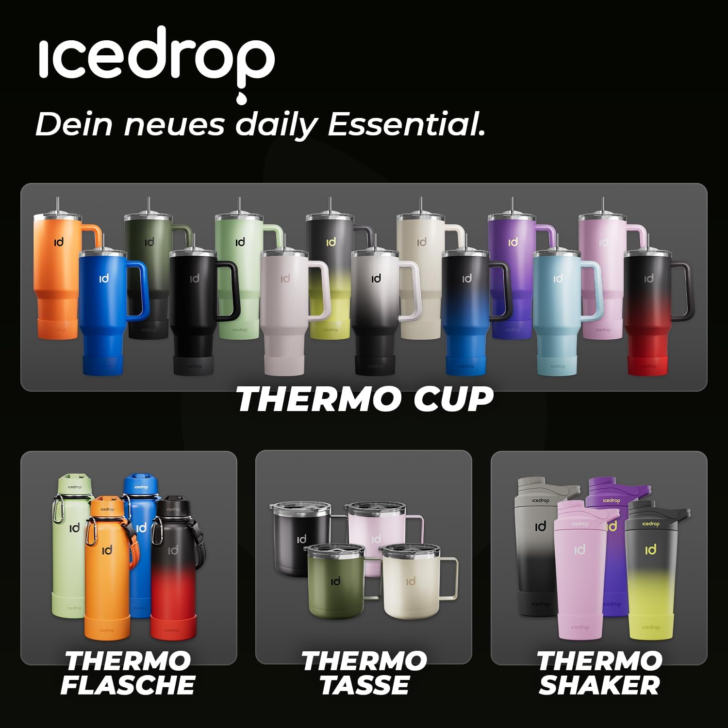 Icedrop® XXL Thermo Cup 1.2L Für 12 Stunden Kalte Oder Heiße Getränke I 100% Auslaufsicherer Thermobecher Mit Strohhalm I Robuste Trinkflasche Mit Strohhalm Und Griff I Tumbler Cup - Stein Schwarz