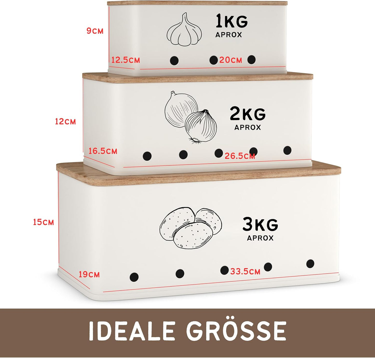 KOOK TIME Kartoffel Aufbewahrungsbox - Set 3 Aufbewahrung Kartoffeln Zwiebeln Knoblauch - Gemüse Aufbewahrung Mit Kleinen Lüftungslöcherne, Um Die Luftzirkulation Zu Gewährleisten - Mattweiß