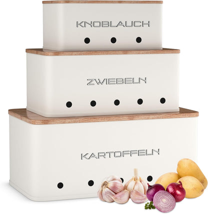 KOOK TIME Kartoffel Aufbewahrungsbox - Set 3 Aufbewahrung Kartoffeln Zwiebeln Knoblauch - Gemüse Aufbewahrung Mit Kleinen Lüftungslöcherne, Um Die Luftzirkulation Zu Gewährleisten - Mattweiß