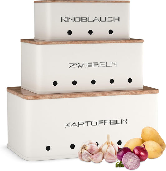 KOOK TIME Kartoffel Aufbewahrungsbox - Set 3 Aufbewahrung Kartoffeln Zwiebeln Knoblauch - Gemüse Aufbewahrung Mit Kleinen Lüftungslöcherne, Um Die Luftzirkulation Zu Gewährleisten - Mattweiß