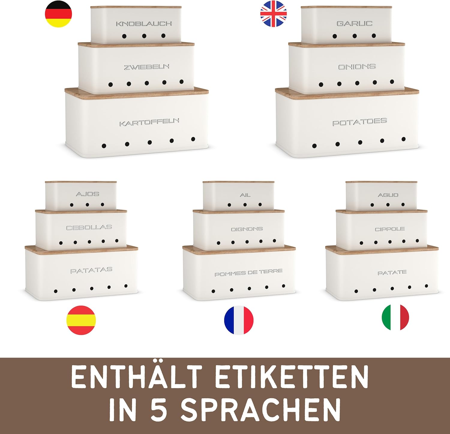 KOOK TIME Kartoffel Aufbewahrungsbox - Set 3 Aufbewahrung Kartoffeln Zwiebeln Knoblauch - Gemüse Aufbewahrung Mit Kleinen Lüftungslöcherne, Um Die Luftzirkulation Zu Gewährleisten - Mattweiß