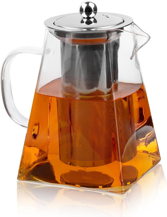 1L Teekanne Glas, Borosilikatglas Teebereiter Mit Deckel, Quadratische Glas-Teekannen Mit Teesieb, Herausnehmbarem Teesieb