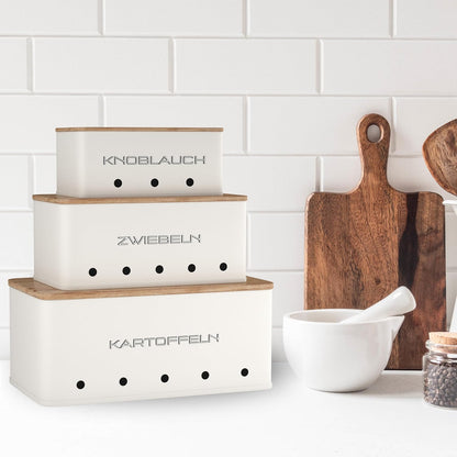 KOOK TIME Kartoffel Aufbewahrungsbox - Set 3 Aufbewahrung Kartoffeln Zwiebeln Knoblauch - Gemüse Aufbewahrung Mit Kleinen Lüftungslöcherne, Um Die Luftzirkulation Zu Gewährleisten - Mattweiß