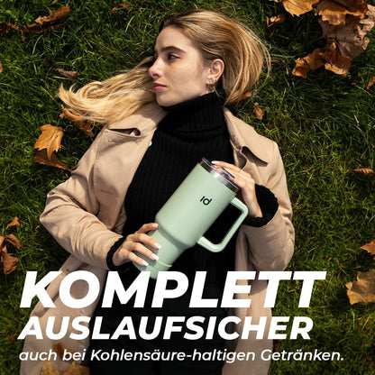 Icedrop® XXL Thermo Cup 1.2L Für 12 Stunden Kalte Oder Heiße Getränke I 100% Auslaufsicherer Thermobecher Mit Strohhalm I Robuste Trinkflasche Mit Strohhalm Und Griff I Tumbler Cup - Stein Schwarz