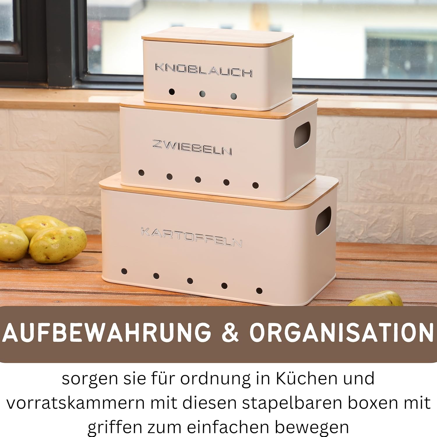 KOOK TIME Kartoffel Aufbewahrungsbox - Set 3 Aufbewahrung Kartoffeln Zwiebeln Knoblauch - Gemüse Aufbewahrung Mit Kleinen Lüftungslöcherne, Um Die Luftzirkulation Zu Gewährleisten - Mattweiß