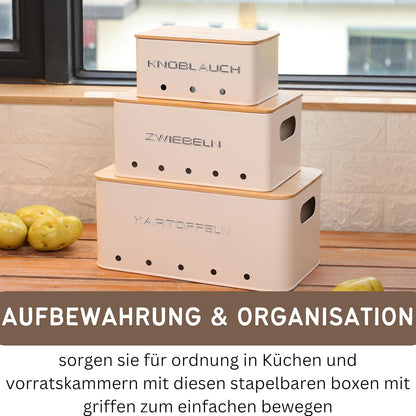 KOOK TIME Kartoffel Aufbewahrungsbox - Set 3 Aufbewahrung Kartoffeln Zwiebeln Knoblauch - Gemüse Aufbewahrung Mit Kleinen Lüftungslöcherne, Um Die Luftzirkulation Zu Gewährleisten - Mattweiß