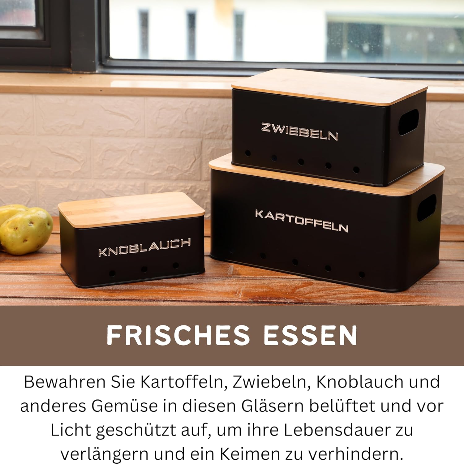 KOOK TIME Kartoffel Aufbewahrungsbox - Set 3 Aufbewahrung Kartoffeln Zwiebeln Knoblauch - Gemüse Aufbewahrung Mit Kleinen Lüftungslöcherne, Um Die Luftzirkulation Zu Gewährleisten - Mattschwarz