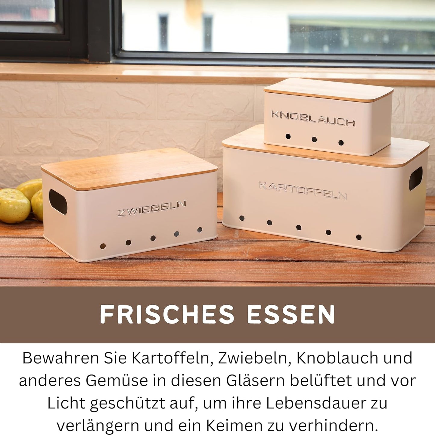 KOOK TIME Kartoffel Aufbewahrungsbox - Set 3 Aufbewahrung Kartoffeln Zwiebeln Knoblauch - Gemüse Aufbewahrung Mit Kleinen Lüftungslöcherne, Um Die Luftzirkulation Zu Gewährleisten - Mattweiß