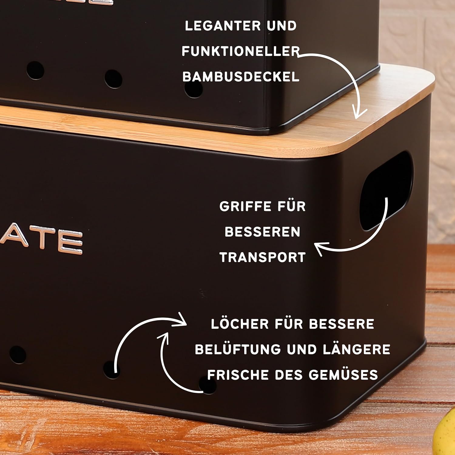 KOOK TIME Kartoffel Aufbewahrungsbox - Set 3 Aufbewahrung Kartoffeln Zwiebeln Knoblauch - Gemüse Aufbewahrung Mit Kleinen Lüftungslöcherne, Um Die Luftzirkulation Zu Gewährleisten - Mattschwarz