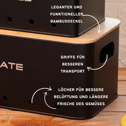 KOOK TIME Kartoffel Aufbewahrungsbox - Set 3 Aufbewahrung Kartoffeln Zwiebeln Knoblauch - Gemüse Aufbewahrung Mit Kleinen Lüftungslöcherne, Um Die Luftzirkulation Zu Gewährleisten - Mattschwarz