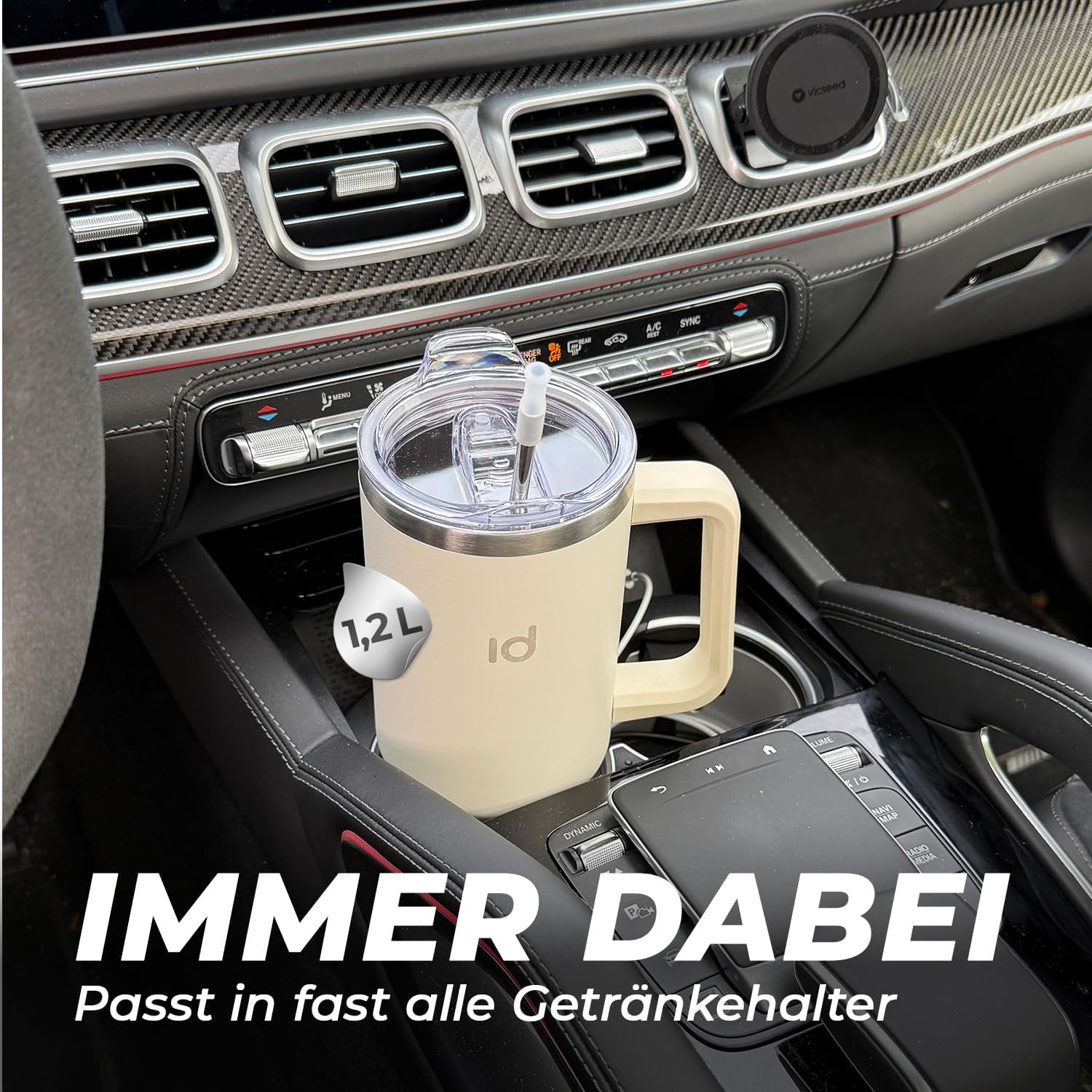Icedrop® XXL Thermo Cup 1.2L Für 12 Stunden Kalte Oder Heiße Getränke I 100% Auslaufsicherer Thermobecher Mit Strohhalm I Robuste Trinkflasche Mit Strohhalm Und Griff I Tumbler Cup - Stein Schwarz